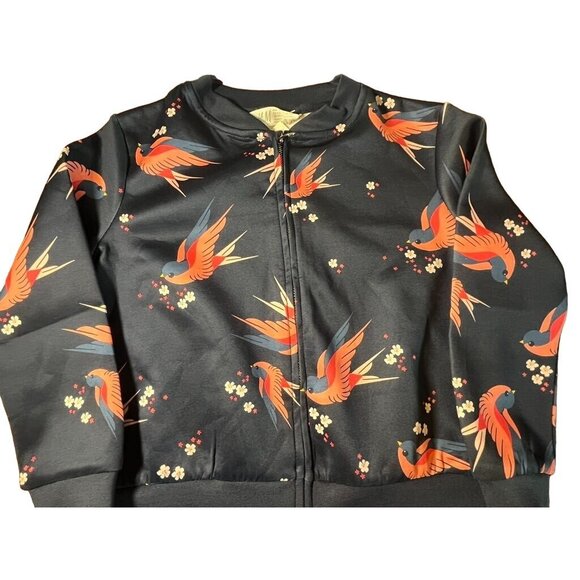 H&M Jacket Kid 4 Blue Mock Neck Floral Full Zip Pink Bird Festive Holiday School - Picture 1 of 10